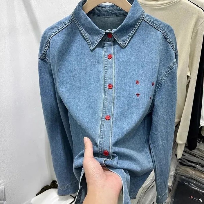간절기 자수 데님 루즈핏 셔츠 봄가을 긴팔 청셔츠 데일리 청자켓 카디건 코트 빅사이즈