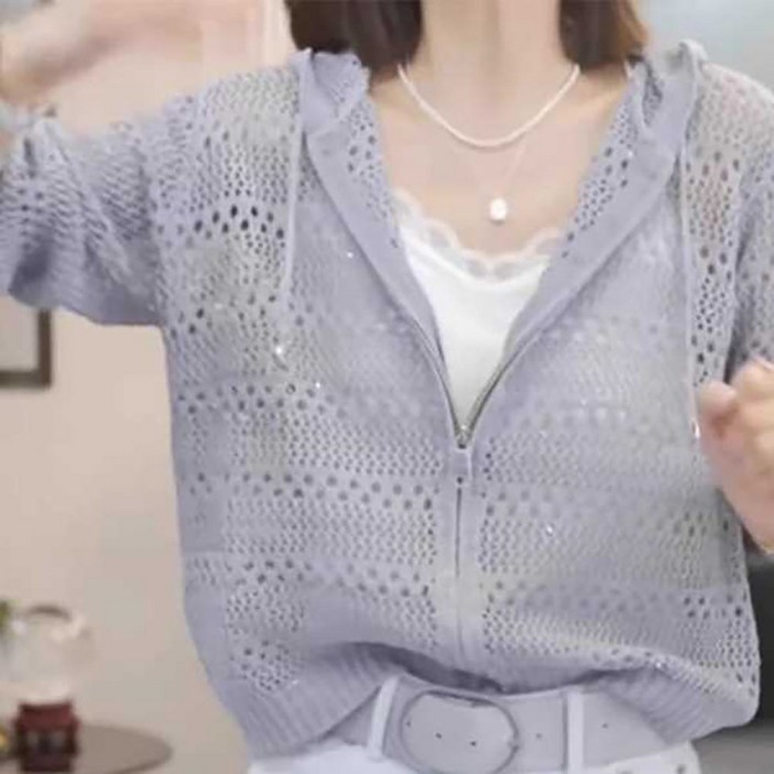 지고다그 여성용 여름 간절기 후드 펀칭 니트 집업 가디건 통기성 긴팔 아우터 데일리 얇은 상의 WY73820