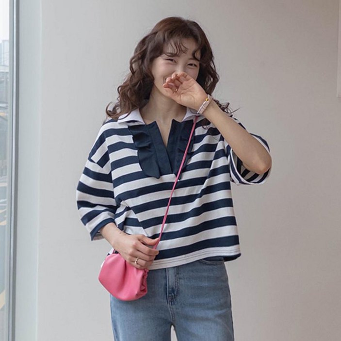 당일 배송 Leelin 여름 만능 캐주얼 복고풍 디자인 루즈 스트라이프 여성용 티셔츠