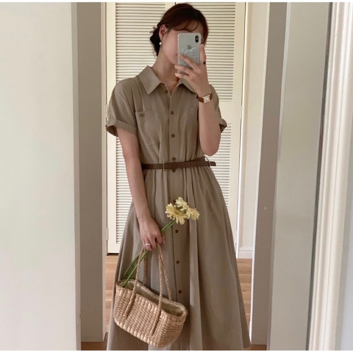 루어스룸 헤이즐 가을 코튼 벨트세트 버튼 플레어 A라인 빅사이즈 여성 a라인 반팔 66 77 88 임산부 하객룩 셔츠 롱 원피스(2color) 돌잔치룩