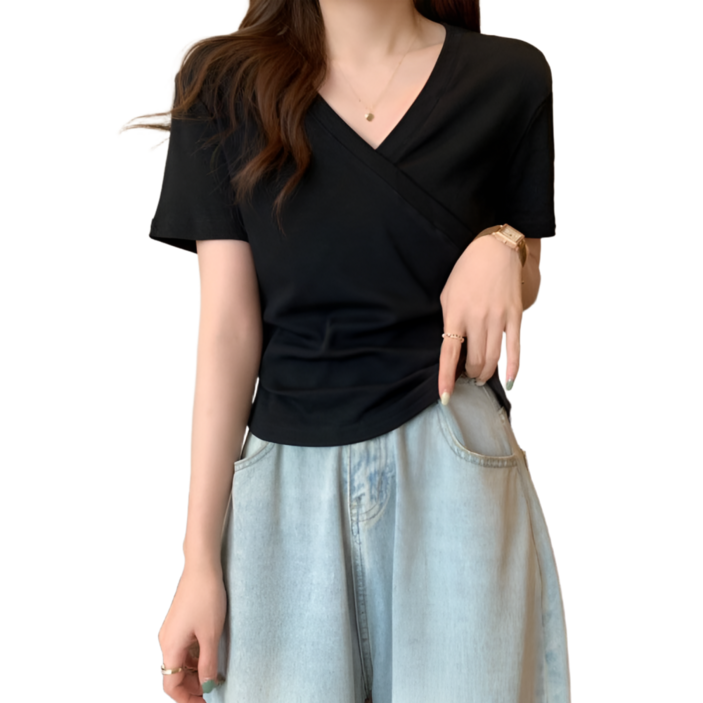 즈니마켓 여름 여성 무지 데일리 브이넥 셔링 반팔티