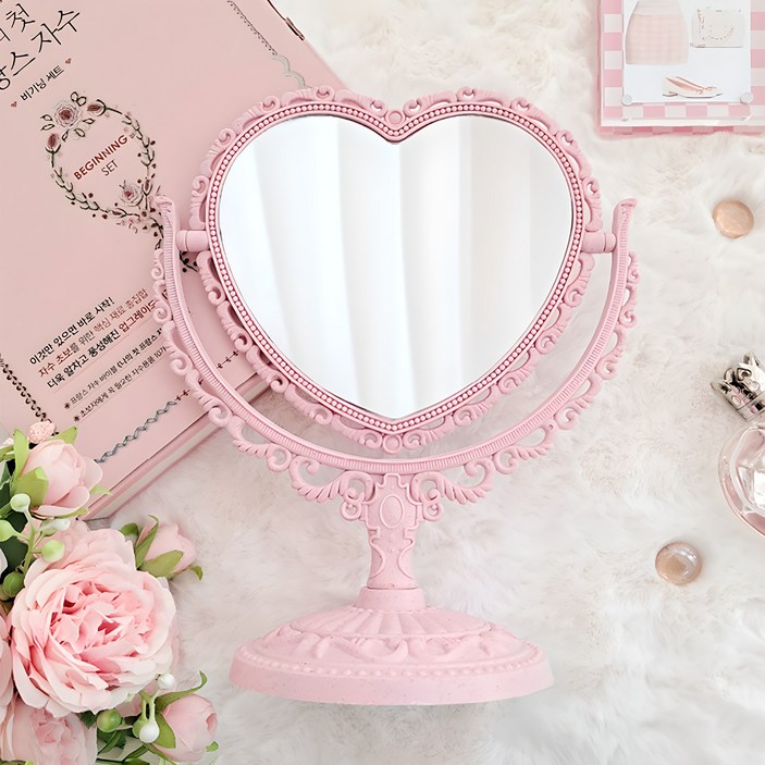 헤이루미 엔틱 메이크업 미러 탁상 스탠드 인테리어 화장대 거울, 엔틱하트 핑크