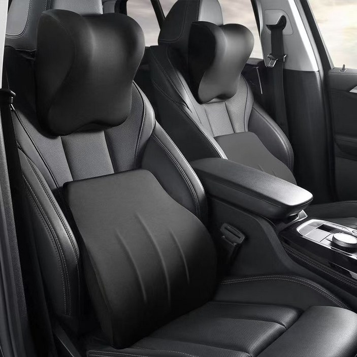 하이쉰 자동차 목 쿠션 차량용 메모리폼 허리 쿠션 목 등받이쿠션 일체형 세트, 1세트, 블랙