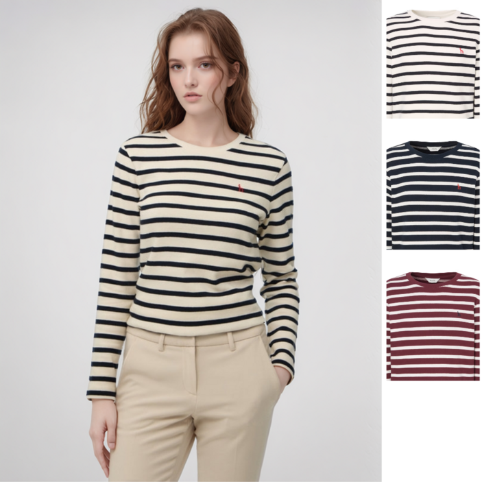 헤지스 레이디스 24FW 여성 스트라이프 면혼방 긴 소매티셔츠 3color