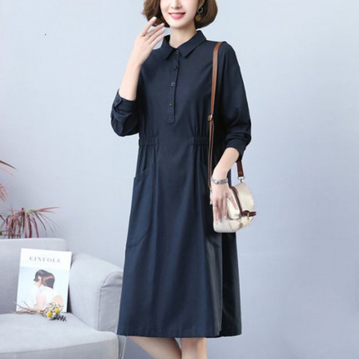HAM 면 린넨 캐주얼 박시 A라인 긴팔 셔츠 원피스