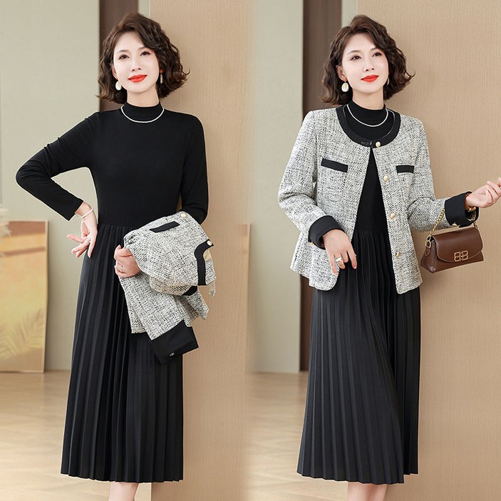 중년 여성 봄 가을 트위드  원피스 투피스 중년 멈마 소향풍 스커트 세트 루즈핏 데일리 아우터 고급 엄마복 패션 세트  YMY
