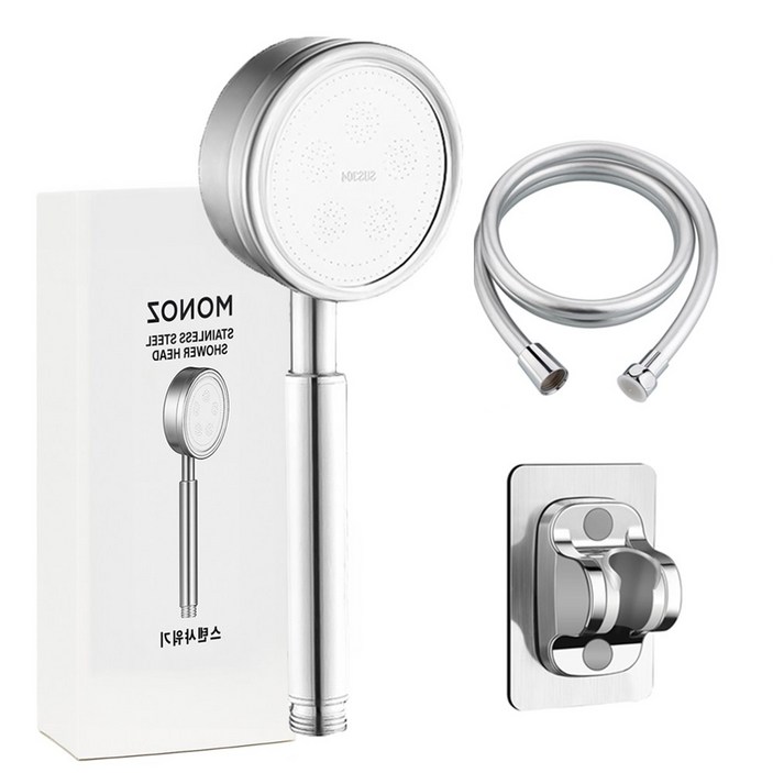 모브드 수압상승 스텐 샤워기헤드 + 2m 호스 거치대 세트, 실버, 1개