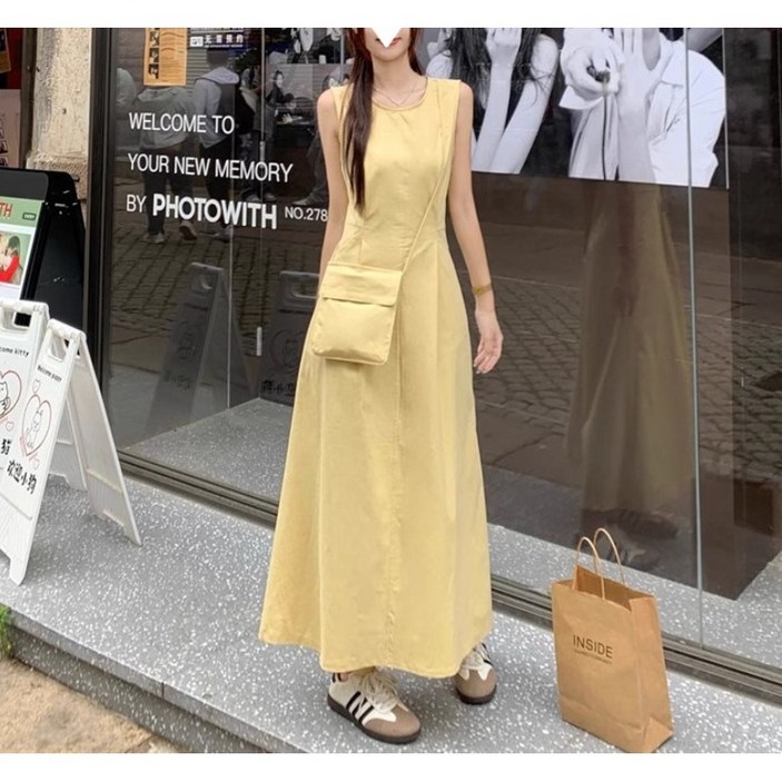 체인지쉬(change she)여성 심플 라운드넥 민소매 A라인 민소매 롱 원피스+미니면가방