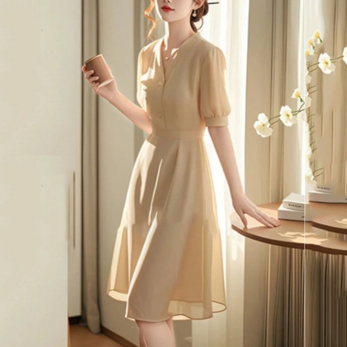 FANSYLI 하객룩 미디 브이넥 쉬폰 원피스 오피스 데일리룩 X2504A19