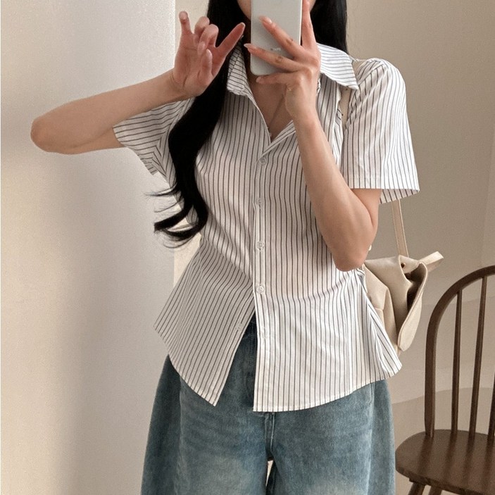 Akimu 여성셔츠 스트라이프셔츠 슬림핏 반팔셔츠 기본티