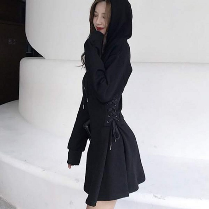 랜덤플레이 허리 셔링 슬림 후드 미니 원피스