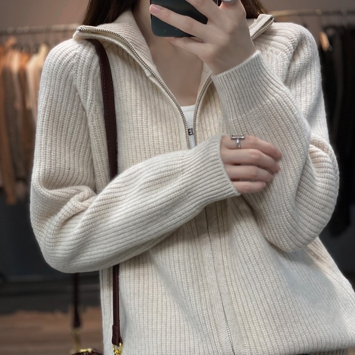 휠렉스 여성 하이넥 반집업 골지 니트 상의 YQ01