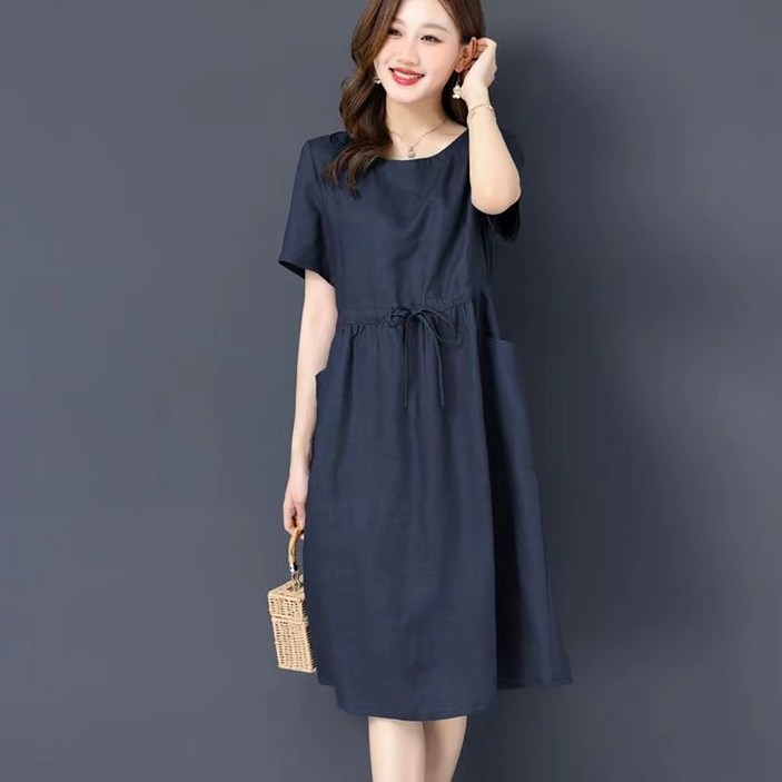 ROYALBELLE 여성 오버핏 허리 스트링 반팔 원피스 라운드넥 데일리 심플 면마 원피스 D0021409