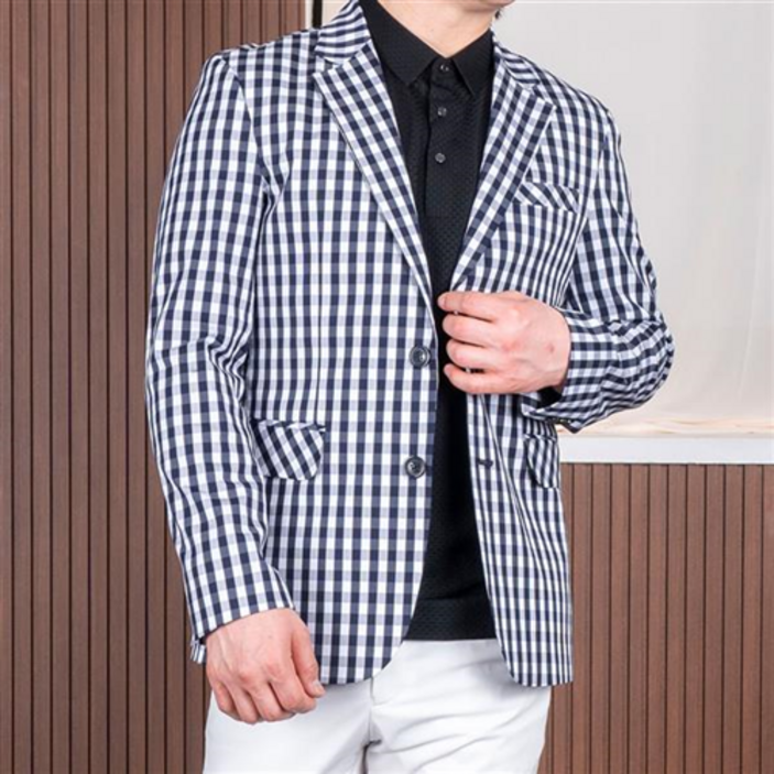고급 남성 코튼 사각 스판 체크 슬림핏 라인 자켓
