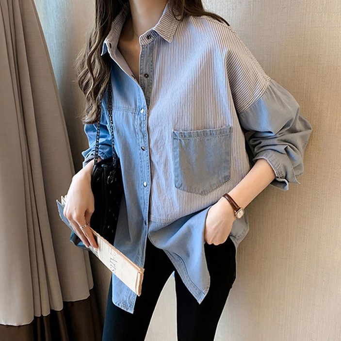 지디오 여성 데님 롱 셔츠 청남방 스트라이프 루즈핏 줄무늬 포켓 카라넥 단가라 긴팔 봄 가을 자외선차단