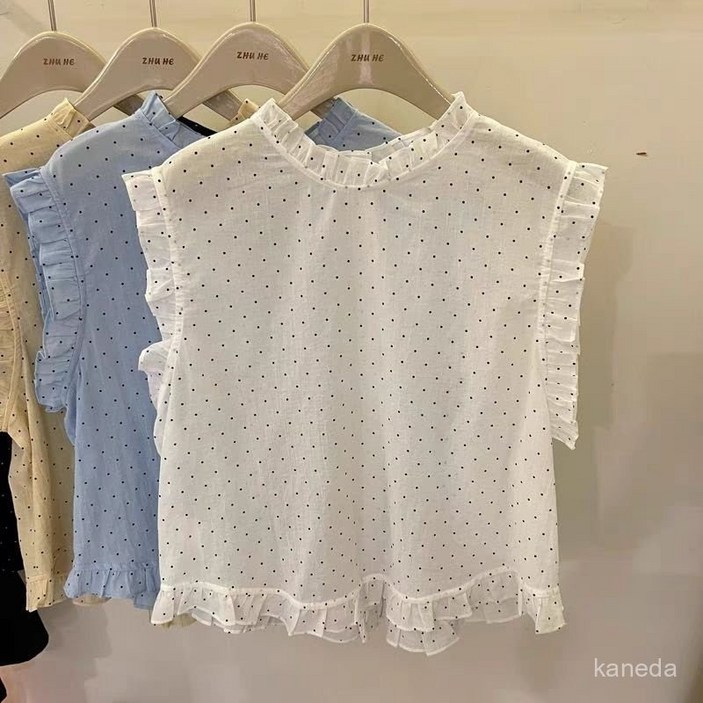 러플 프릴 도트 민소매 블라우스, 청순하고 사랑스러운 무드 완성, 가벼운 착용감과 세련된 디자인의 봄여름 필수 아이템 TX