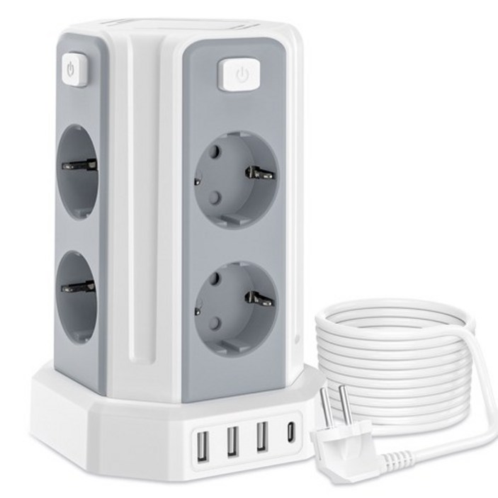과부하차단 USB 타워 멀티탭 - 블랙 - 3M 전선 - USB 멀티탭 12구 (8소켓 3*USB-A 1*USB-C),KC 인증서 취득, 하얀색, 1개, 3m