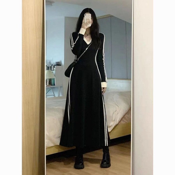 유니픽 여성 스포츠 스타일 긴팔 V넥 원피스 트렌디 캐주얼룩wbr