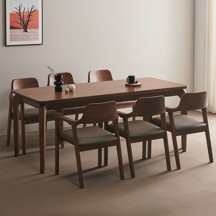 라로퍼니처 베르체 1900 참죽나무 원목 6인 식탁 세트 식탁+의자6, 월넛, 그레이