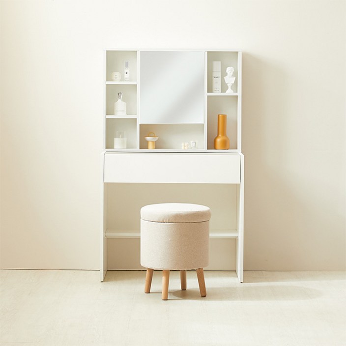 퍼피노 다나 서랍 수납거울 화장대 + 수납스툴 800 세트 방문설치, 화장대(화이트), 스툴(오트밀)