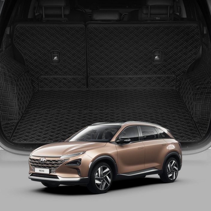 디테일링 우븐블럭 프리미엄 풀커버 트렁크 매트 본품 + 거친 밸크로 80p + 부드러운 밸크로 80p + 킥매트 + 가죽보호제 세트, 블랙 + 블랙, 넥쏘(FE)