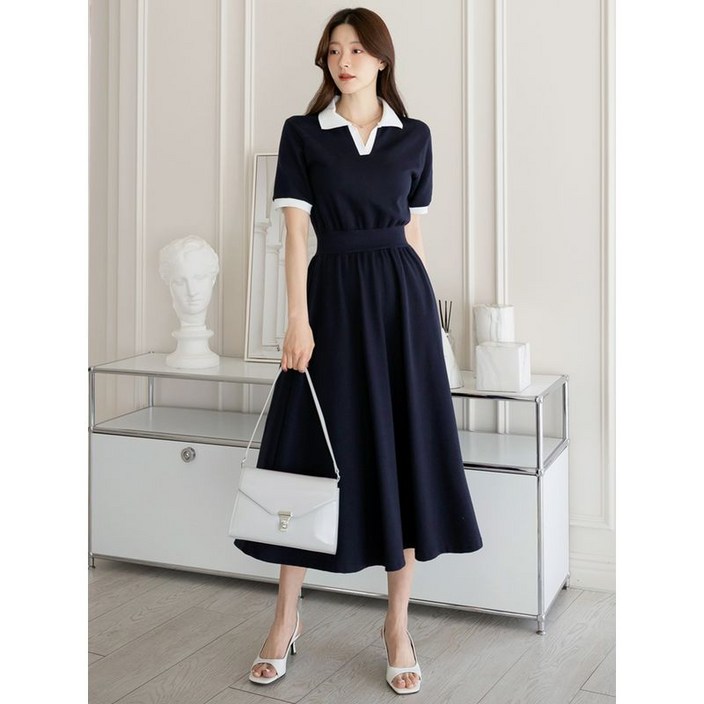 시크라인세렌티 오픈 카라 배색 밴딩 플레어 원피스 여름 데일리 일상 데이트룩 나들이룩 출근룩 베이직 빅사이즈