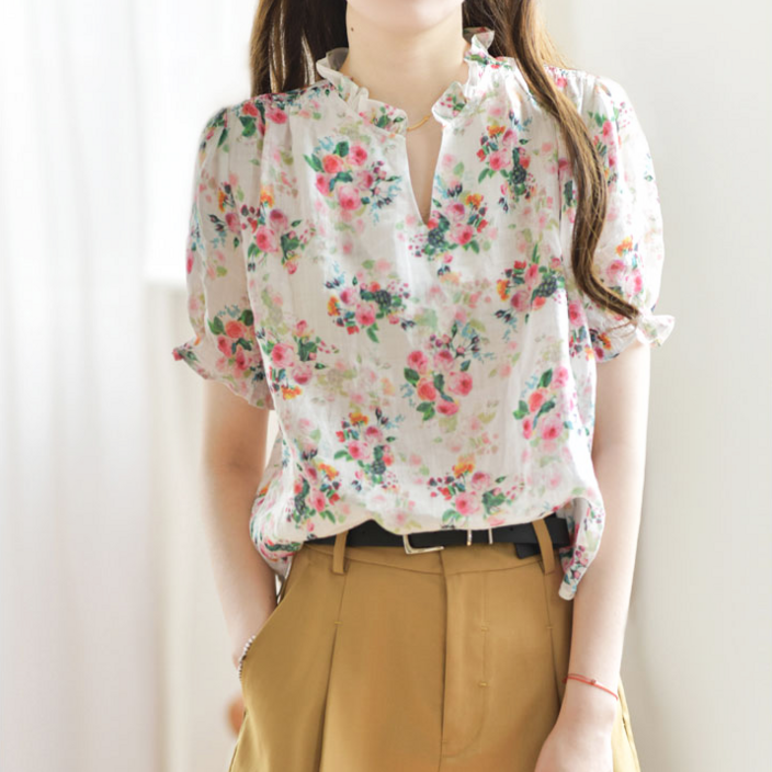 스타일아유 여름 화사한 꽃무늬 블라우스 여성 쉬폰 브이컷 프릴 반팔 플라워 여자 셔츠 패턴 블라우스AYG6BL0012
