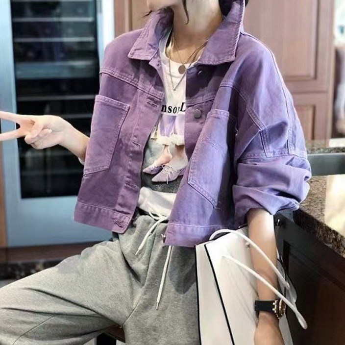 여성 봄 가을 오버핏 루즈핏 캐주얼 포켓 크롭 숏 트러커 데님 면 자켓 퍼플링트러커자켓