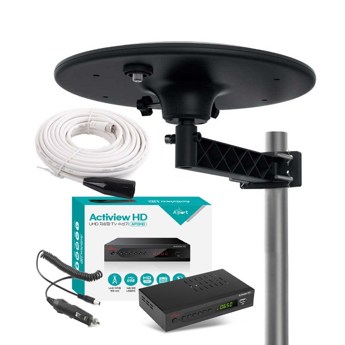 UHD 지상파 TV 안테나 셋톱박스 수신기세트 1.5~10M 케이블 포함 차량용 가정용 캠핑용 농막용, AP13HD02C(원반형 블랙), 1개