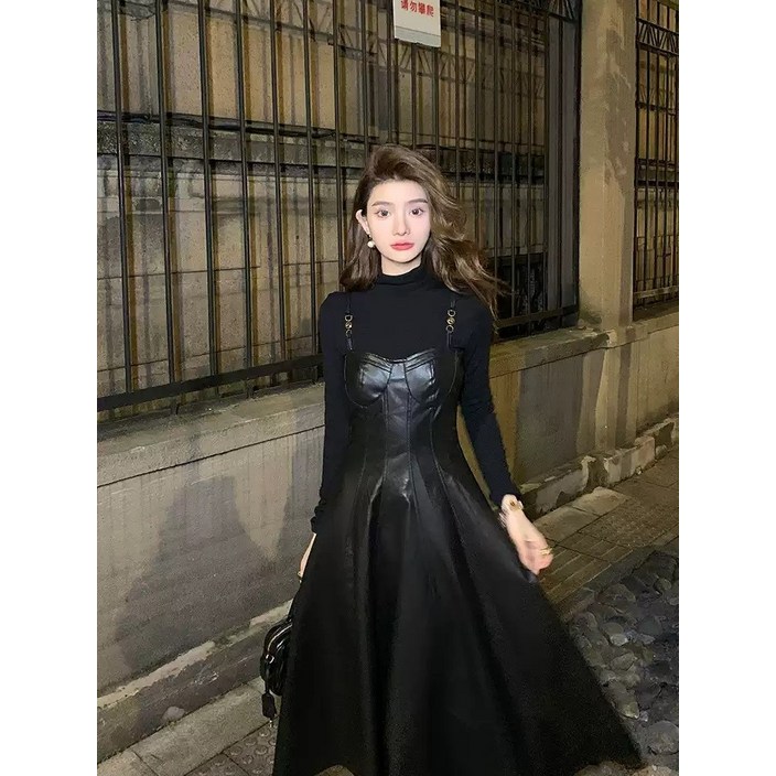 블랙 가죽 뷔스티에 레이어드 롱원피스  슬림핏 스트랩 가을 A라인 원피스