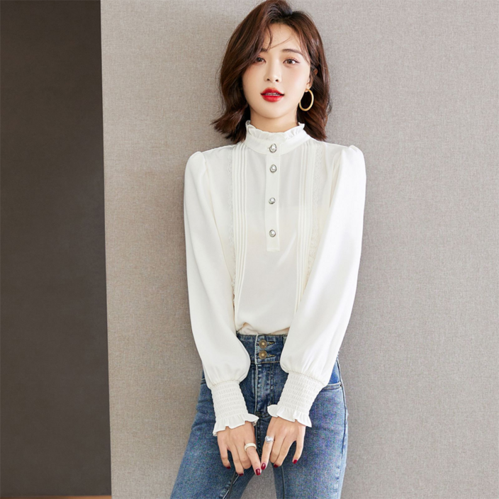 여성 봄가을 신상 프릴 긴팔 셔츠 솔리드 루즈핏 빅사이즈 미니멀 스타일 디자인 블라우스