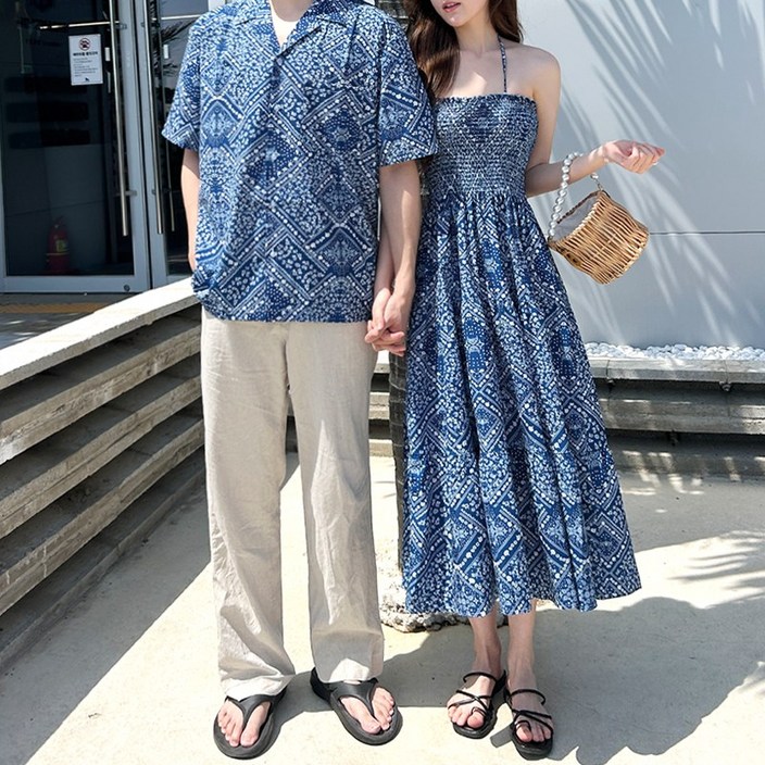 가비진 여성용 페이즐리 홀터넥 스모크 끈 원피스  페이즐리 반팔 셔츠 남녀 커플룩 시밀러룩 휴가룩 바캉스룩 세트 남녀개별구매