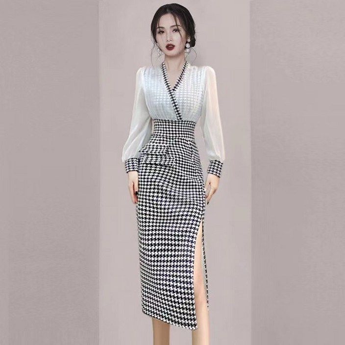 Angel망고베이비 블랙 앤 화이트 원피스 여 2022 트임 여성 스커트