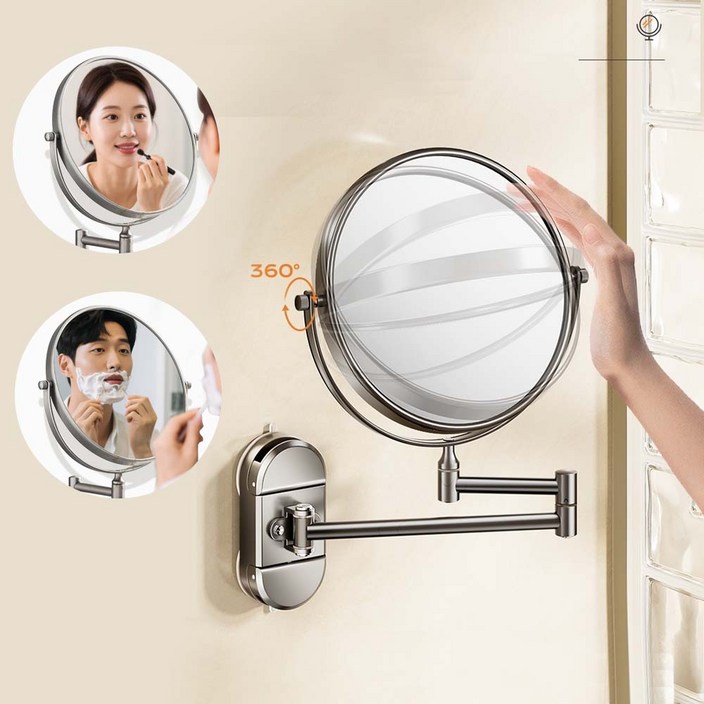 Felorita 무타공 강력흡착 화장실 호텔 면도거울 확대 양면 원형 욕실용 거울