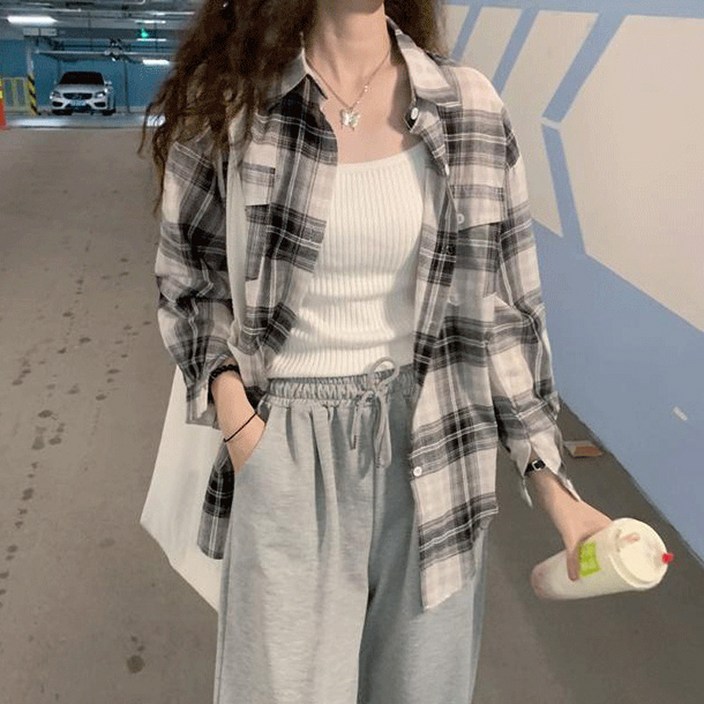 ANYOU여름셔츠 루즈핏 여성 체크 남방 셔츠 ANYOU여름셔츠 루즈핏 여성 체크 남방 셔츠