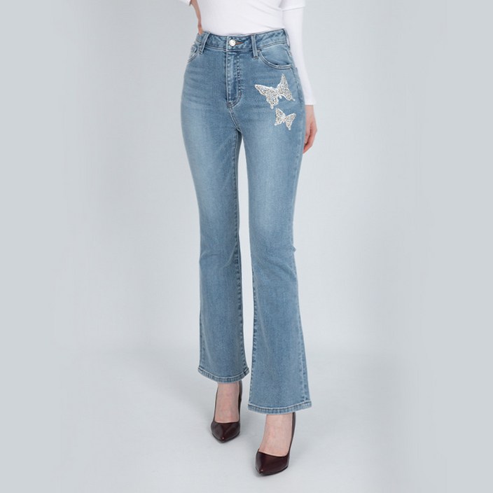 게스 여성 나비자수 비딩 프리미엄 플레어 붓컷 라이트블루 YN7D7007