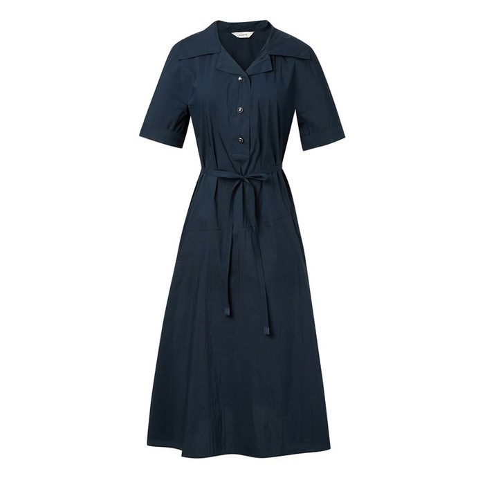 헤지스 여성 세련된 네이비 스트랩 면혼방 반팔 카라 미디 원피스