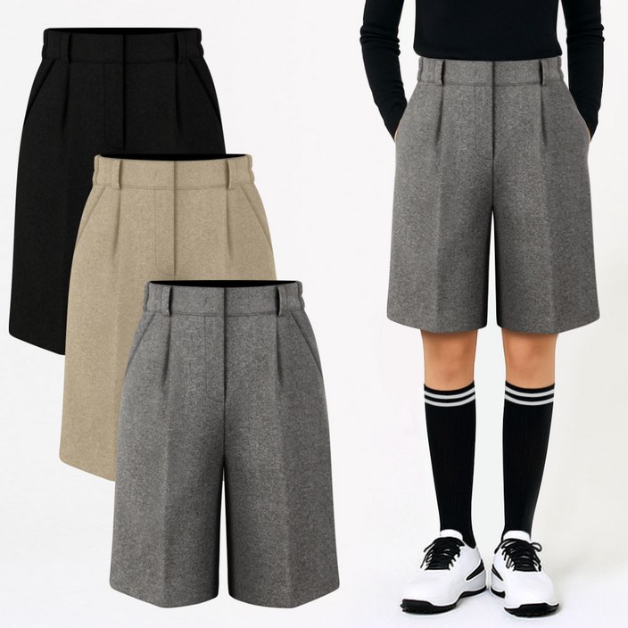 여성 골프반바지 5부 겨울용 모직 울 스판 허리 뒷밴딩 버뮤다 여자 골프웨어 반바지 하의