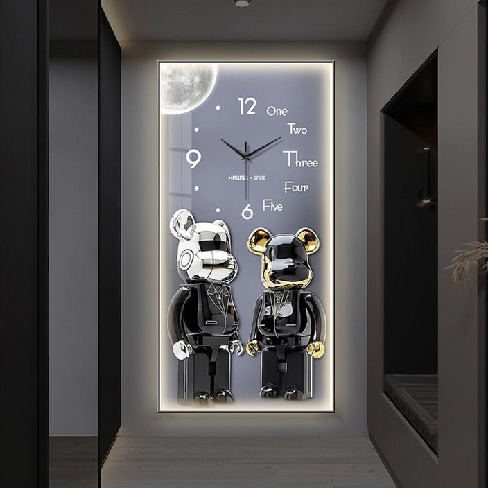 Uinox 곰돌이 시계 LED 무드등 대형 디자인 무소음 거실 고급 인테리어벽시계, 40x80cmA타입