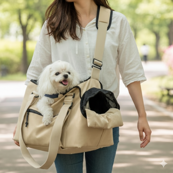 브라이프 프리미엄 엄마품 강아지 이동가방 슬링백, 1개, 아이보리