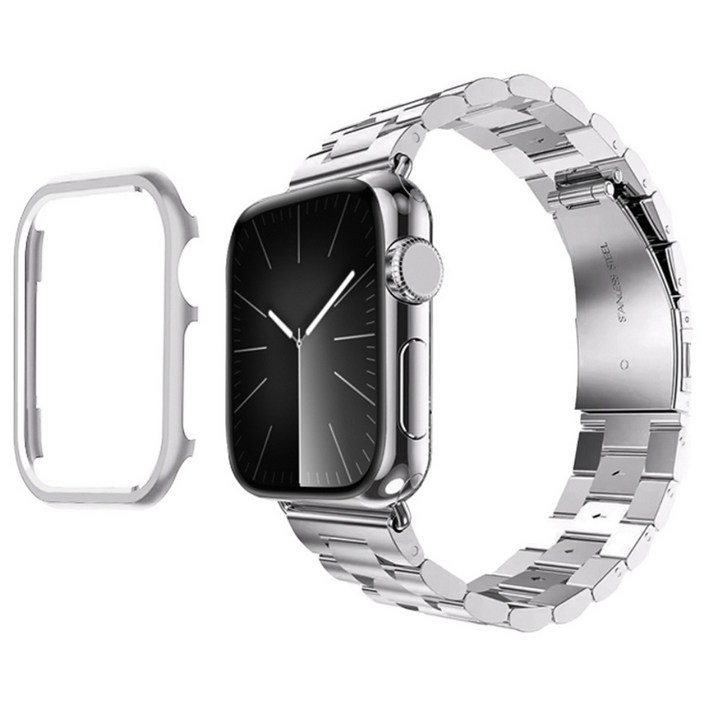 아이메이드잇 애플워치 호환 프리미엄 메탈 스트랩 밴드  케이스 세트, 실버