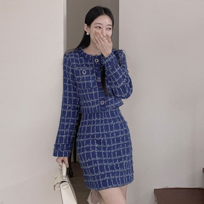 떳다그녀 릴리벨 트위드 재킷 치마 투피스 체크 수술 포켓자켓 H라인스커트 크롭자켓 미니 스커트 세트