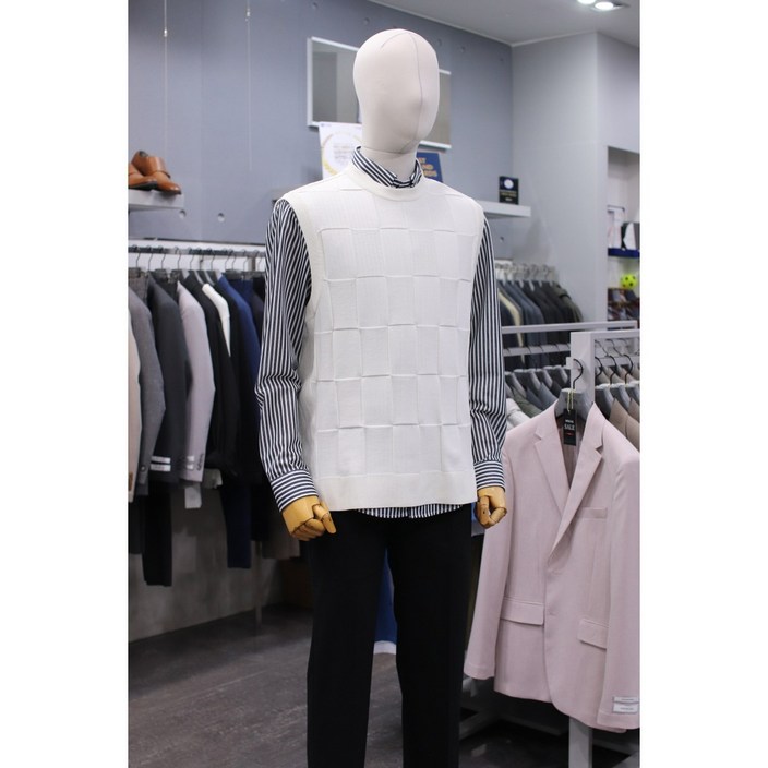 BON 니트 조끼 BN3SS802IV 아이보리 솔리드 스퀘어 큐브 체크 라운드 베스트