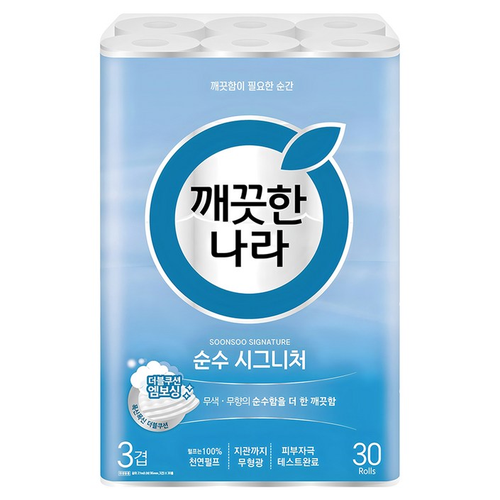 깨끗한나라 순수 시그니처 천연펄프 3겹 고급롤화장지, 27m, 30롤, 1개