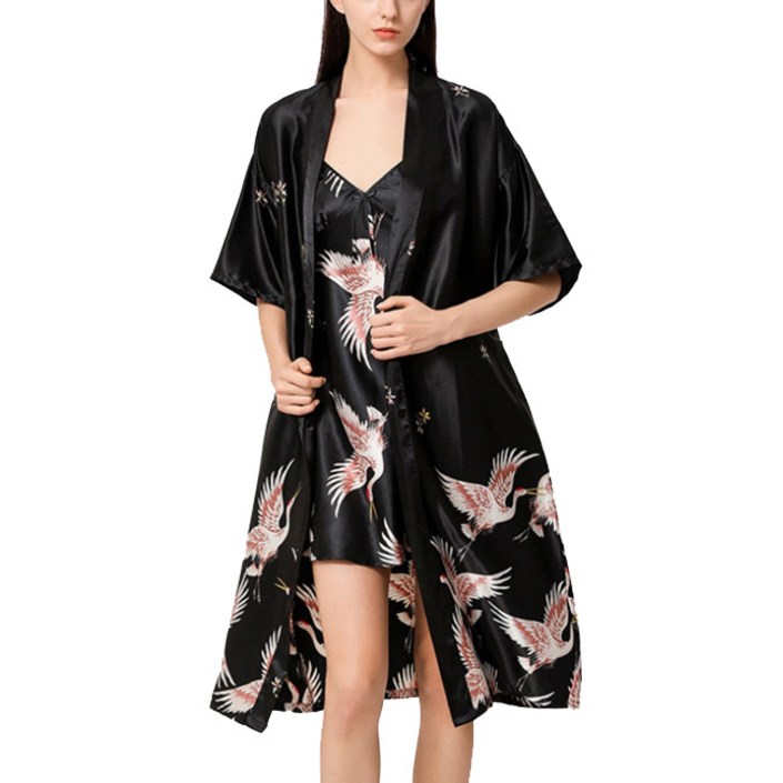 고급스러운 실크 롱 샤워가운 M