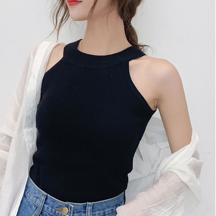 묘먀미 여성용 심플 무지 기본 홀터넥 나시 티셔츠 AA008 묘먀미 여성용 심플 무지 기본 홀터넥 나시 티셔츠 AA008