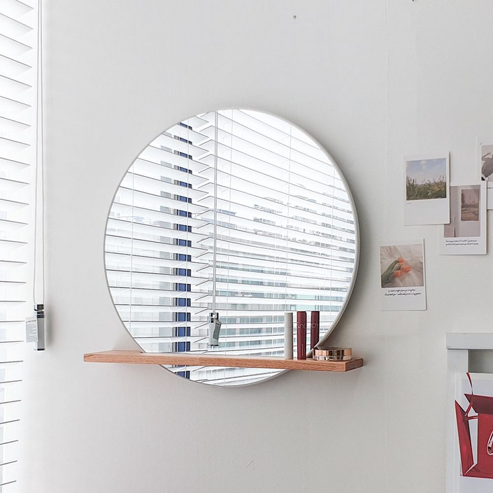 우드리퍼블릭 라미 원목 선반 강화유리 원형 벽거울 500 일자