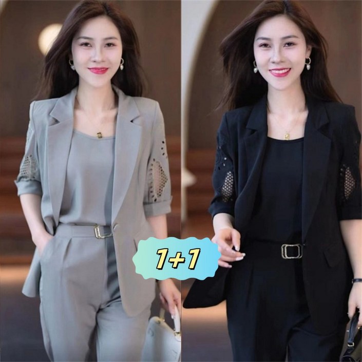 AOKADA 11 여성 여름 정장 세트 반팔 블레이저  끈나시  배기 팬츠 쓰리피스 오피스룩 출근룩