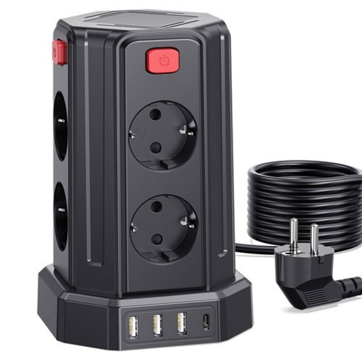 과부하차단 USB 타워 멀티탭 - 블랙 - 3M 전선 - USB 멀티탭 12구 (8소켓 3*USB-A 1*USB-C),KC 인증서 취득, 검은색, 1개, 3m