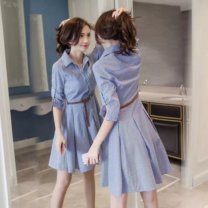 해피유통 여름 여성 캐주얼 롱 슬리브 체크 스트라이프 셔츠 드레스 편안한 허리 벨트 플레어 원피스 BJJ001